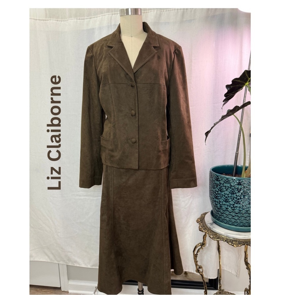 Liz Claiborne Brown Suede Blazer Sz 14 & Skirt Sz 16 Suit Set Career Classic